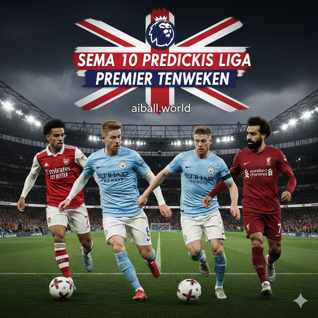 Sebuah kolase sinematik yang menampilkan aksi para pemain bintang dari klub papan atas Premier League seperti Arsenal, Manchester City, dan Liverpool. Di latar belakang terlihat stadion megah dengan lampu sorot malam hari yang terang, menciptakan atmosfer pertandingan tengah pekan yang intens. Terdapat teks grafis modern yang mencolok bertuliskan 'Premier League Midweek Predictions' dengan elemen warna bendera Inggris dan logo sepak bola profesional.