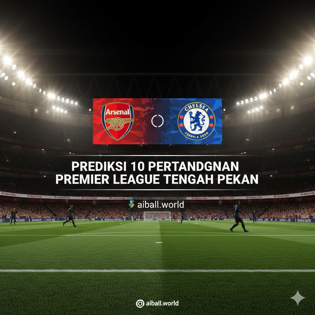 Suasana stadion Emirates yang ikonik saat malam hari dengan lapangan hijau yang sempurna di bawah lampu stadion. Gambar menunjukkan fokus pada taktik sepak bola, seperti papan skor digital atau jersey tim Arsenal dan Chelsea yang sedang bersaing di papan atas klasemen. Cahaya dramatis dan bayangan di lapangan memberikan kesan persaingan sengit yang sangat cocok untuk menggambarkan analisis pertandingan antara klub besar.