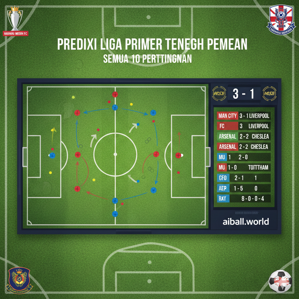 Ilustrasi papan strategi sepak bola yang menampilkan grafik formasi pemain serta papan skor digital yang menunjukkan hasil pertandingan yang kompetitif. Gambar ini dilengkapi dengan elemen grafis bertema sepak bola Inggris untuk memberikan konteks visual yang jelas bagi pembaca mengenai ulasan teknis dan prediksi skor sepuluh pertandingan yang dibahas dalam artikel.