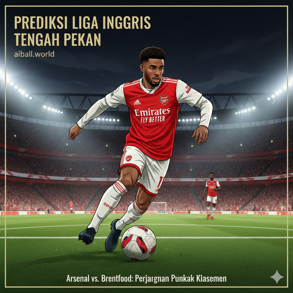 Ilustrasi aksi pemain sepak bola Arsenal yang sedang menggiring bola dengan latar belakang Emirates Stadium. Gambar menonjolkan detail jersey merah putih yang ikonik dan fokus pada ekspresi determinasi pemain dalam upaya mempertahankan posisi puncak klasemen. Pencahayaan stadion yang dramatis memberikan kesan fokus pada pertandingan krusial melawan Brentford di tengah pekan.