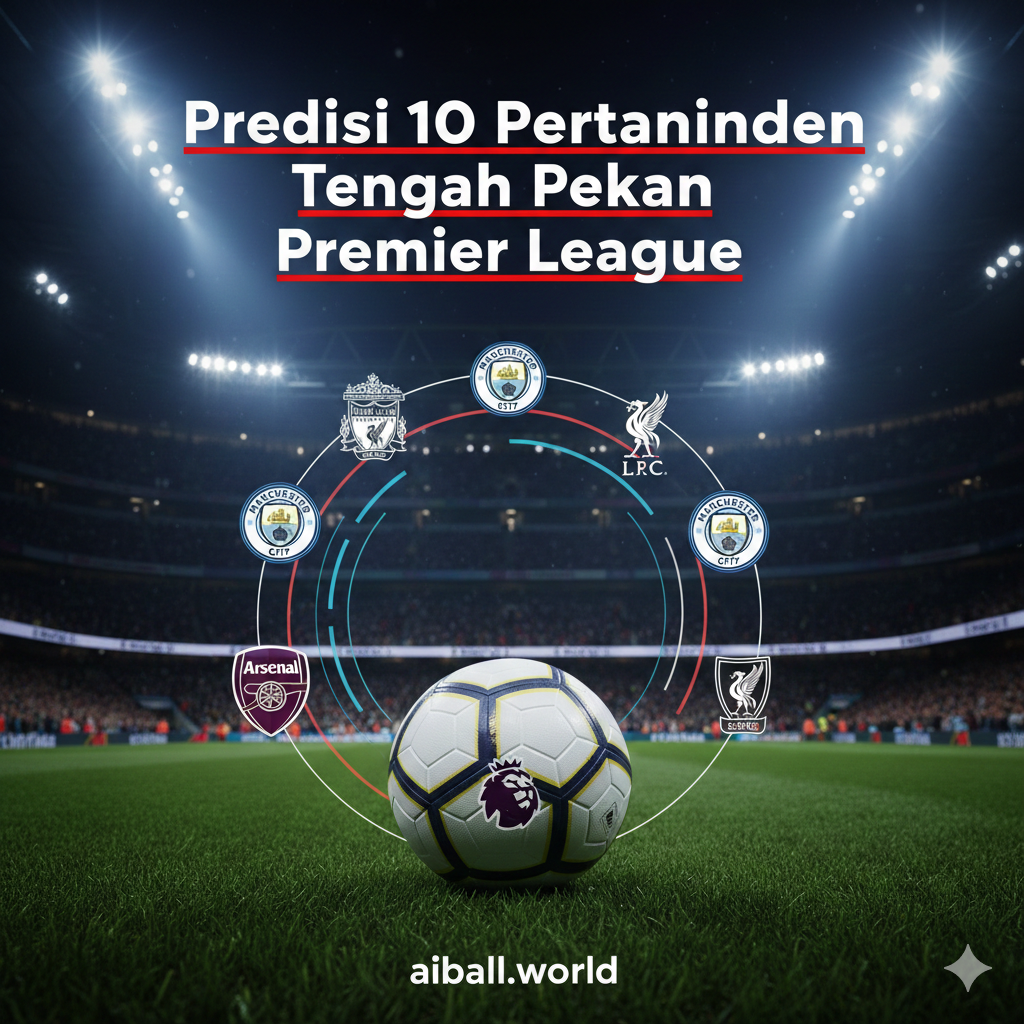 Gambar sampul yang dinamis menampilkan kolase atmosfer stadion Liga Inggris di bawah lampu sorot malam hari. Di bagian trung terdapat bola sepak resmi Premier League yang diletakkan di atas rumput hijau yang sempurna, dengan latar belakang buram yang memperlihatkan tribun penonton yang penuh sesak. Terdapat elemen grafis yang mencantumkan logo klub besar như Arsenal, Manchester City, và Liverpool untuk merepresentasikan persaingan sengit di papan atas klasemen selama jadwal tengah pekan.