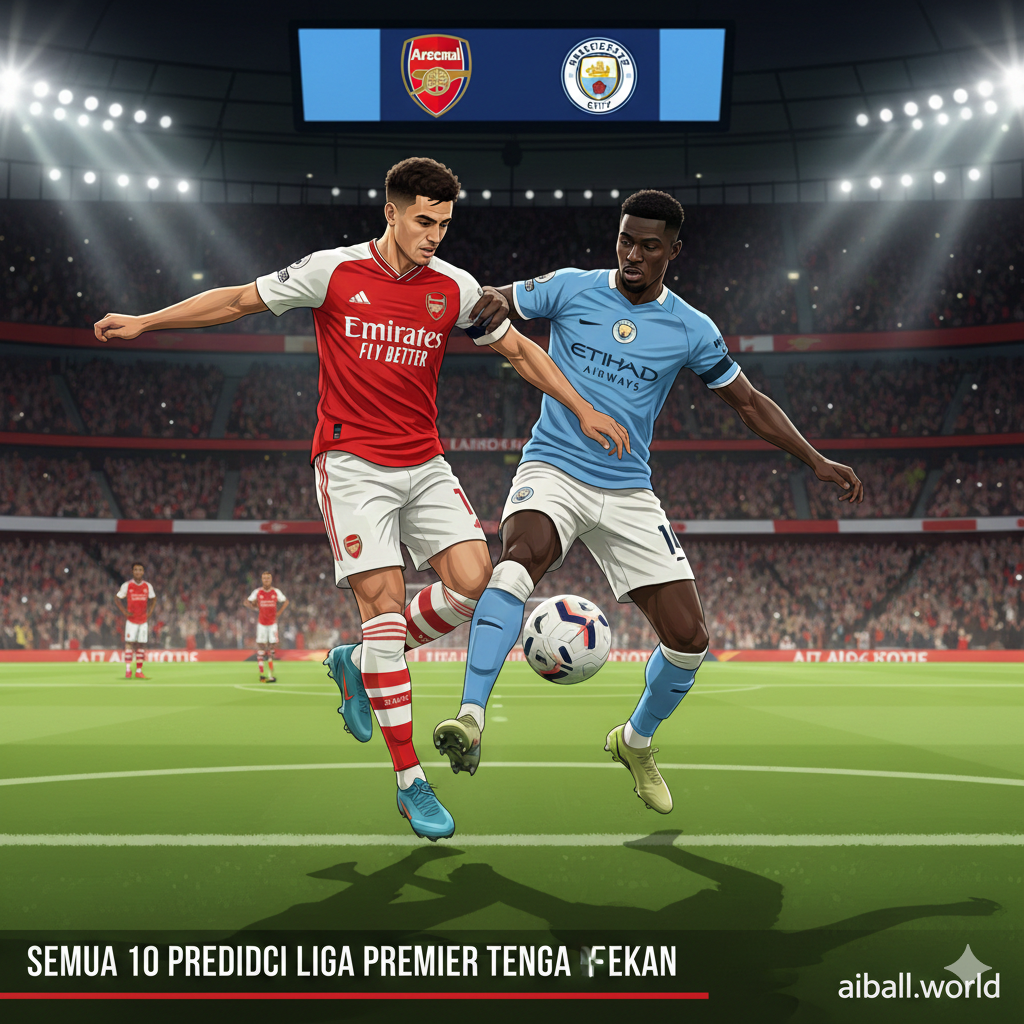 Ilustrasi aksi pertandingan sepak bola yang intens di Emirates Stadium, menunjukkan fokus pada pemain bintang Arsenal yang sedang berebut bola dengan pemain lawan. Pencahayaan stadion yang terang menciptakan bayangan tajam di lapangan, menangkap esensi persaingan perebutan gelar juara antara pemimpin klasemen dan pengejarnya. Gambar ini mencerminkan tensi tinggi dari prediksi pertandingan tengah pekan yang melibatkan klub-klub besar London và Manchester.