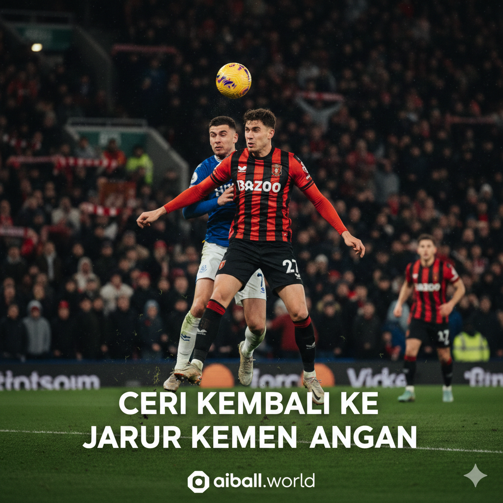 Sebuah gambar aksi dari pertandingan sepak bola Liga Premier yang menampilkan momen intens antara pemain Bournemouth (dengan jersey merah-hitam) dan pemain Everton (dengan jersey biru). Fokusnya adalah perebutan bola di udara atau duel satu lawan satu yang menampilkan semangat kompetitif kedua tim. Latar belakang harus menunjukkan stadion yang penuh (Vitality Stadium, kandang Bournemouth) dan pencahayaan malam, sesuai dengan jadwal pertandingan Selasa malam. Gambar harus membangkitkan suasana pertandingan yang dinamis dan bersemangat, menekankan keinginan kedua tim untuk 'kembali ke jalur kemenangan'.