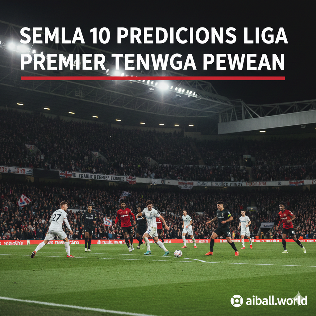 Suasana stadion sepak bola Liga Premier Inggris yang megah di malam hari dengan lampu sorot yang terang benderang, menampilkan aksi intens para pemain di lapangan hijau yang sedang memperebutkan bola. Latar belakang tribun dipenuhi oleh ribuan penonton yang antusias mengibarkan bendera tim kebanggaan mereka, menciptakan atmosfer kompetisi tengah pekan yang sangat panas dan penuh semangat untuk memperebutkan poin krusial di puncak maupun dasar klasemen sementara.