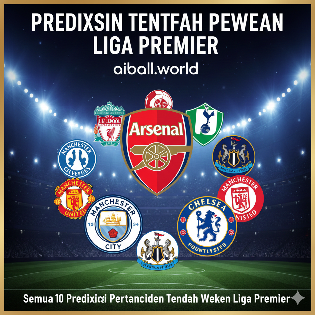 Sebuah kolase dinamis yang menampilkan logo dari beberapa klub Liga Premier terkemuka yang akan bertanding di tengah pekan. Di tengah gambar, harus ada logo tim besar seperti Arsenal (sebagai pemimpin klasemen), Manchester City, dan Chelsea. Latar belakang harus menggunakan warna khas Liga Premier, seperti biru tua atau ungu, dengan efek pencahayaan sorotan stadion yang dramatis. Teks overlay harus mencantumkan judul utama dalam bahasa Indonesia, misalnya 'Prediksi Tengah Pekan Liga Premier', untuk menekankan fokus pada pertandingan di Indonesia. Komposisi ini harus menimbulkan kesan antusiasme dan prediksi sepak bola yang intens.