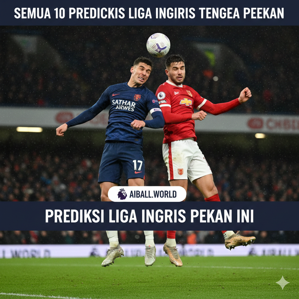 Dua pemain sepak bola profesional dari tim papan atas Liga Premier Inggris sedang berduel sengit di udara untuk menyundul bola dalam sebuah pertandingan malam yang dramatis. Ekspresi wajah mereka menunjukkan tekad yang kuat dan fokus tinggi, sementara latar belakang yang sedikit kabur memperlihatkan ketegangan di area penalti. Momen ini menggambarkan persaingan ketat antar klub yang berusaha keras untuk mengamankan kemenangan penting dan memperbaiki posisi mereka di liga pada pertengahan minggu.