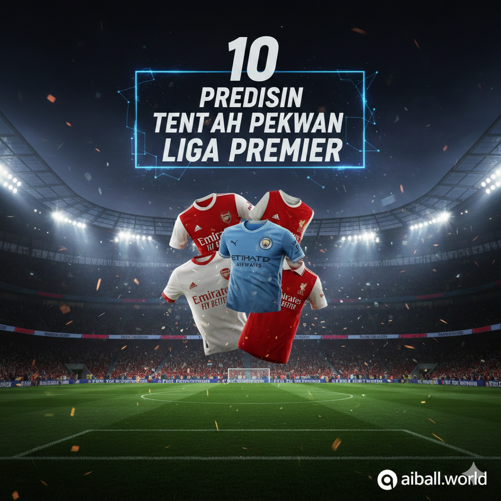 Sebuah ilustrasi sinematik yang menampilkan suasana stadion sepak bola modern di Inggris saat malam hari di bawah lampu sorot yang terang. Di tengah gambar, terdapat komposisi kolase yang menggabungkan elemen jersey klub besar seperti Arsenal, Manchester City, dan Liverpool. Latar belakangnya menunjukkan papan skor digital yang menampilkan tulisan 'Premier League Midweek' dengan efek grafis dinamis, menciptakan atmosfer kompetisi yang intens dan penuh semangat untuk prediksi pertandingan pekan ini.