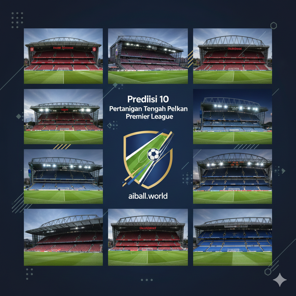 Visualisasi grafis yang membagi layar menjadi beberapa panel yang menampilkan stadion-stadion ikonik Inggris seperti Emirates Stadium dan Anfield. Gambar ini menggunakan palet warna khas Premier League dengan tipografi modern yang bersih, menunjukkan simbol lapangan hijau dan bola sepak yang sedang bergerak cepat. Gambar ini dirancang untuk memecah teks yang panjang dan memberikan jeda visual yang menarik bagi pembaca saat meninjau 10 prediksi pertandingan yang berbeda.