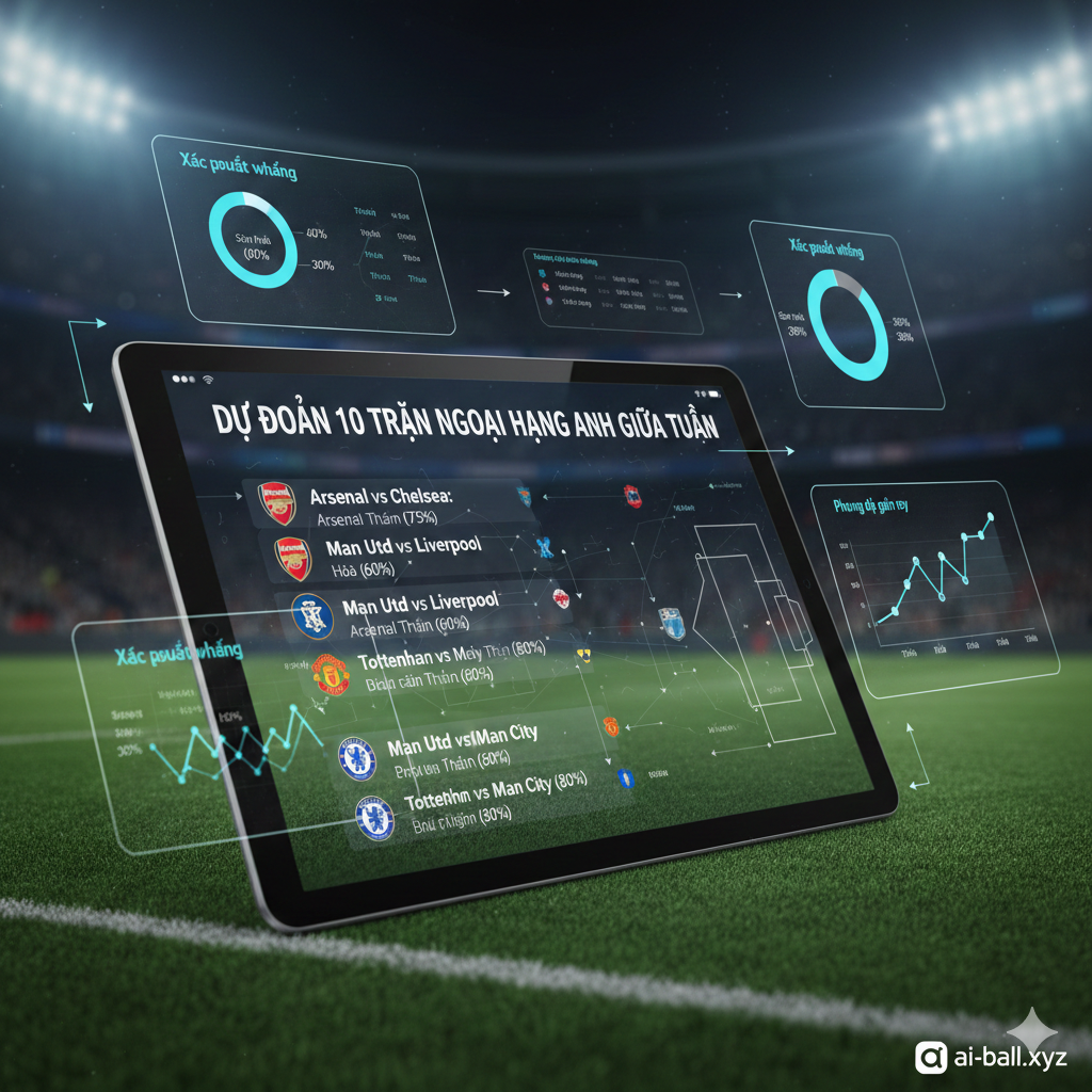 A high-quality close-up of a digital tablet displaying football tactical analysis and statistics relevant to the Bournemouth vs Everton match. The screen shows heat maps, player icons on a green pitch, and a comparison chart of goals scored. The background is a soft-focus locker room or sports studio setting. The lighting is modern and cool-toned with blue and white accents, symbolizing the professional data-driven approach of aiball.world. The style is clean, professional, and tech-oriented.