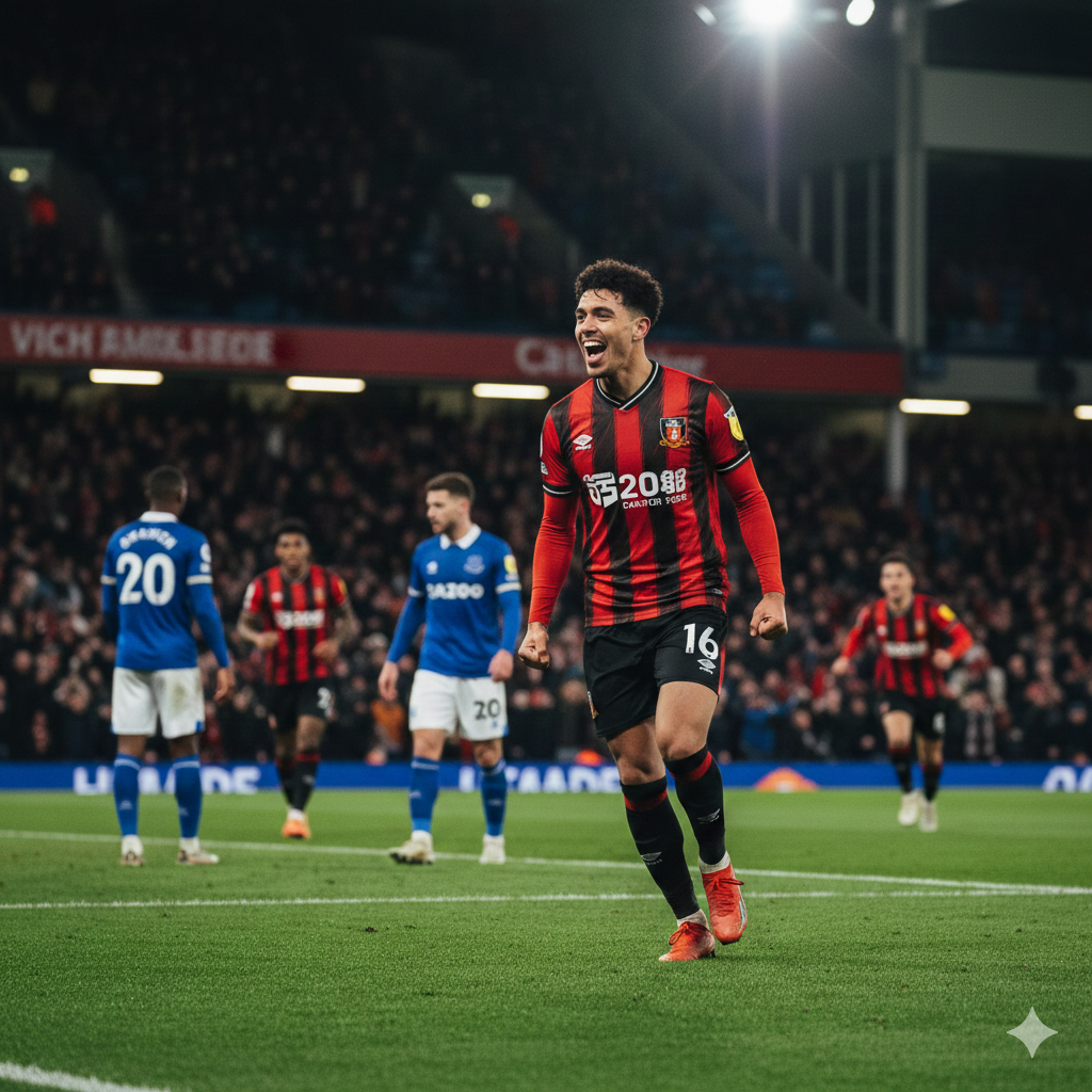 A high-energy cinematic action shot of a Bournemouth player in their iconic red and black striped kit celebrating a goal at Vitality Stadium. In the background, the blurred Everton defenders in blue are shown in a moment of disappointment. The stadium lights create a dramatic flare, with a vibrant green pitch and a cheering crowd in the stands. The composition is a wide shot with a shallow depth of field, focusing on the joy of the 'Cherries' player to symbolize their return to winning ways. Professional sports photography style with high contrast and saturated colors.