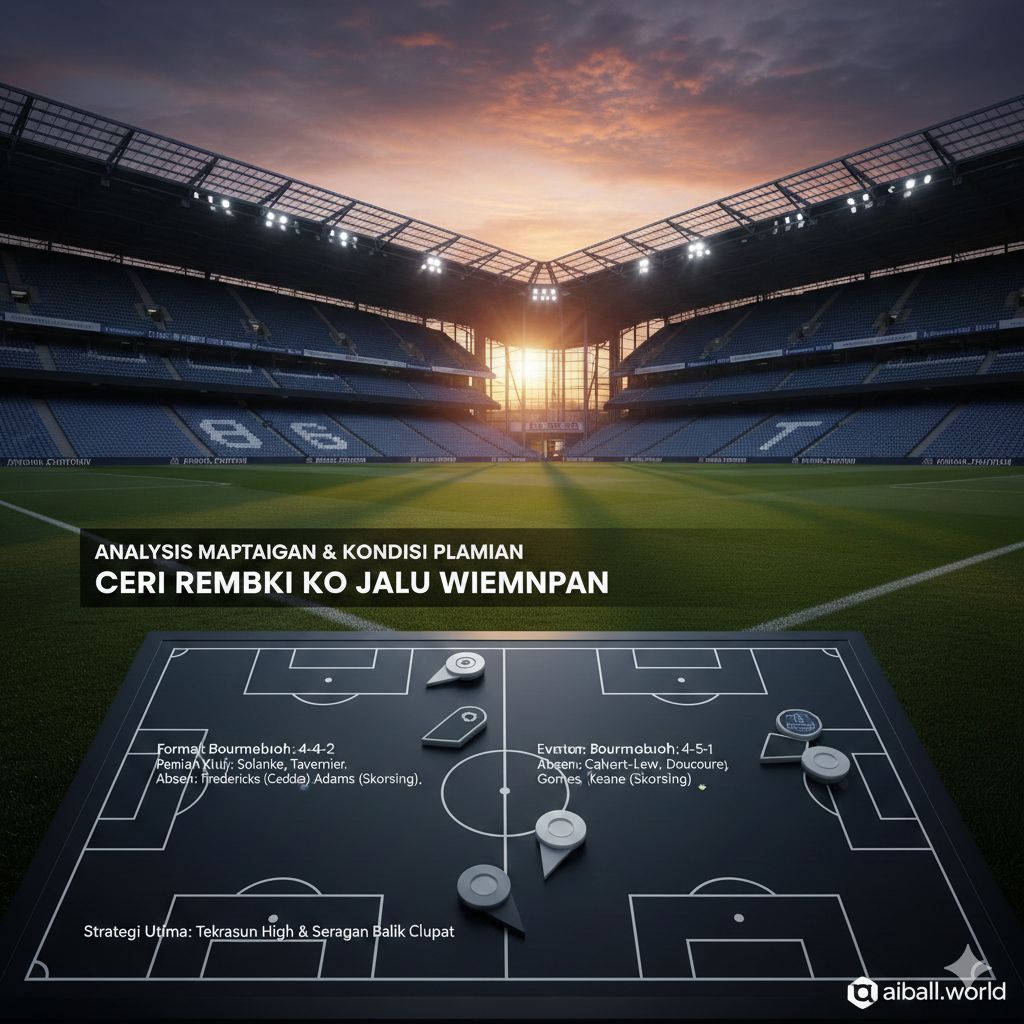 A tactical perspective image showing the Vitality Stadium interior during sunset, with long shadows stretching across the grass. In the foreground, a close-up of a tactical coaching board with magnetic markers representing the Bournemouth and Everton formations. The background features the empty stadium stands under a dramatic orange and purple sky, creating a sense of anticipation for the upcoming match. The style is professional and moody, using a cool color palette for the stadium and warm highlights from the setting sun, emphasizing the strategic preparation mentioned in the analysis.