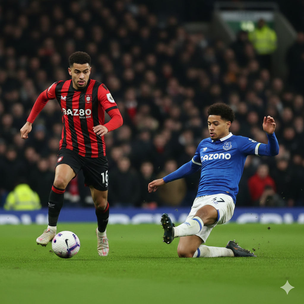 A high-energy cinematic sports photography shot capturing the intensity of a match between Bournemouth and Everton at the Vitality Stadium. In the foreground, a Bournemouth player in their iconic red and black vertical striped kit is sprinting with the ball, showing determination. In the background, an Everton player in a royal blue kit is attempting a sliding tackle. The stadium atmosphere is vibrant with blurred fans in the stands under bright stadium floodlights. The colors are vivid, focusing on the contrast between the red and blue kits against the lush green grass. Wide-angle shot, low perspective to emphasize the speed and drama of the game.