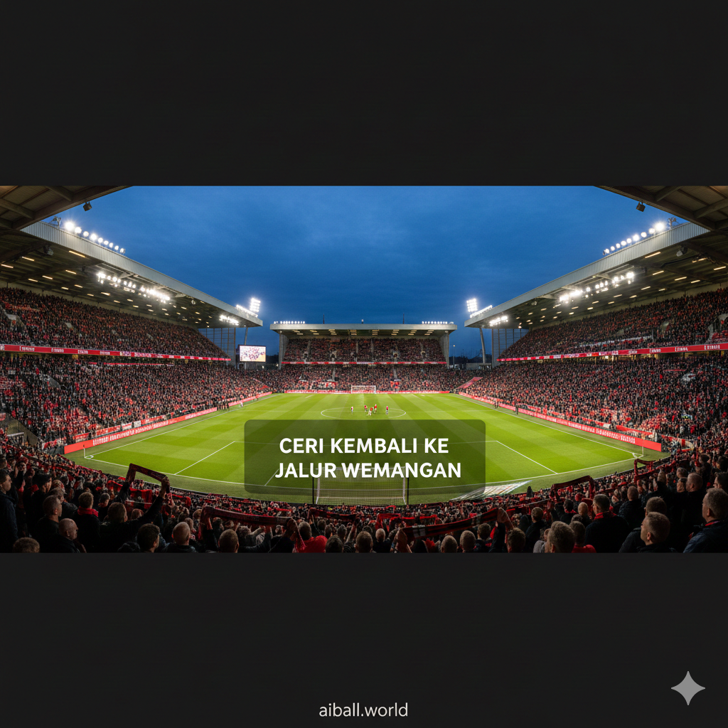 A wide panoramic view of the Vitality Stadium (Dean Court) during a late evening match. The sky is a deep twilight blue, contrasting with the brilliant, warm glow of the stadium lights. The focus is on the home stand filled with Bournemouth supporters waving red and black scarves. The composition uses leading lines from the pitch towards the stands, creating a sense of scale and home-ground advantage. The style is professional sports journalism photography, with sharp details on the architectural elements of the stadium and a slight motion blur on the pitch to suggest ongoing action. The overall mood is optimistic and full of energy, supporting the 'return to winning ways' theme.