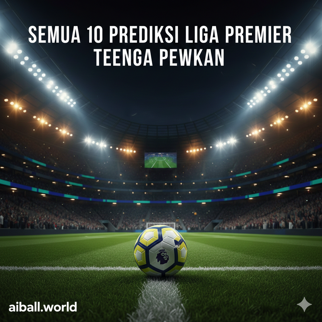 A dynamic high-angle shot of a modern English football stadium at night under bright floodlights. In the center, a high-quality soccer ball sits on the lush green grass with white pitch markings. The background shows blurred silhouettes of cheering fans in the stands. The color palette is dominated by vibrant green, electric blue, and warm stadium light glows, creating an intense, professional match-day atmosphere suitable for a Premier League preview.