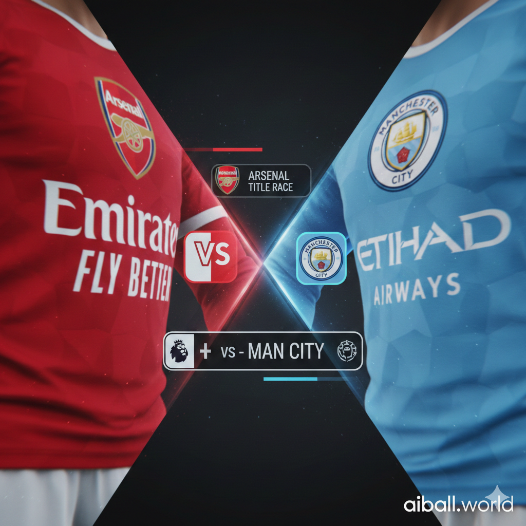 A conceptual split-screen style illustration representing the intense Premier League competition. On one side, hints of Arsenal's red and white colors, and on the other, Manchester City's sky blue. The composition features a digital leaderboard or scoreboard overlay showing team logos and statistics. The style is sleek and cinematic with motion blur effects, sharp contrast, and professional sports broadcasting graphics, symbolizing the high stakes of the midweek fixtures.