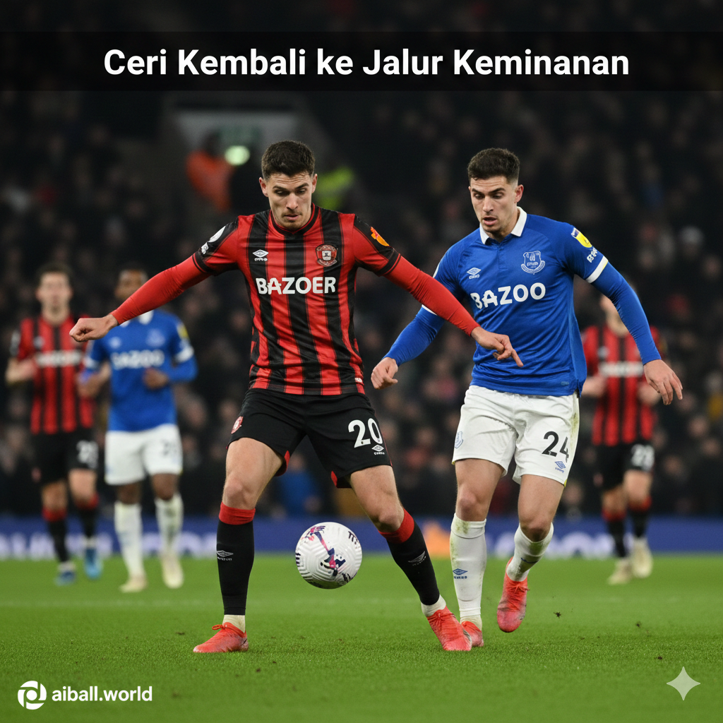 A high-energy cinematic action shot featuring a Bournemouth player in their iconic red and black striped jersey competing for a ball against an Everton player in blue kit. The scene is set at Vitality Stadium during a night match under bright stadium floodlights.