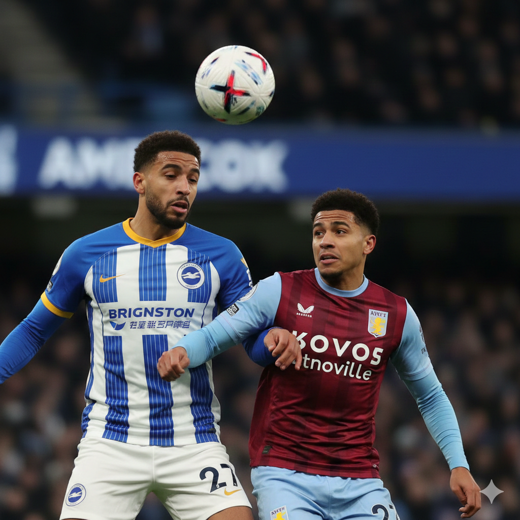 A tactical and intense conceptual visual representing the clash between Brighton and Aston Villa. It features two professional soccer players in mid-action, one in Brighton's iconic blue and white stripes and the other in Aston Villa's claret and blue kit, vying for a header. The background shows a digital scoreboard or a blurred AMEX Stadium crowd. The lighting is dramatic and high-contrast, emphasizing the 'monster' form of the teams. Sharp focus on the players' determined facial expressions, high-action sports photography style.