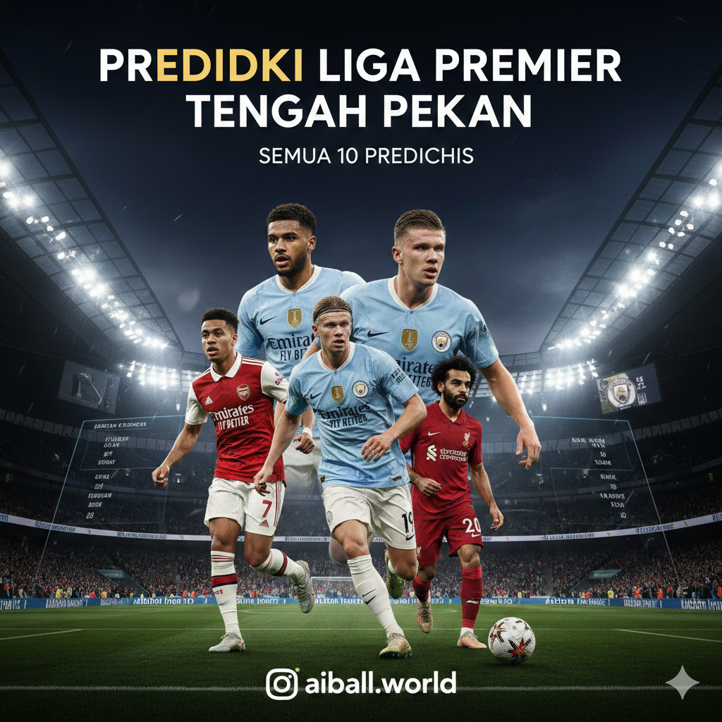 Sebuah gambar latar belakang stadion Premier League yang megah pada malam hari di bawah sorotan lampu stadion yang terang. Di bagian tengah, terdapat kolase digital dari beberapa pemain bintang yang mewakili klub-klub besar seperti Arsenal, Manchester City, dan Liverpool yang sedang beraksi dengan penuh energi. Gaya visualnya modern dan dramatis dengan palet warna biru tua, emas, dan putih untuk memberikan kesan kompetisi tingkat tinggi yang eksklusif. Komposisi gambar menggunakan sudut pandang rendah (low angle) untuk menciptakan kesan heroik, dengan elemen grafis jadwal pertandingan yang melayang secara artistik di latar depan.