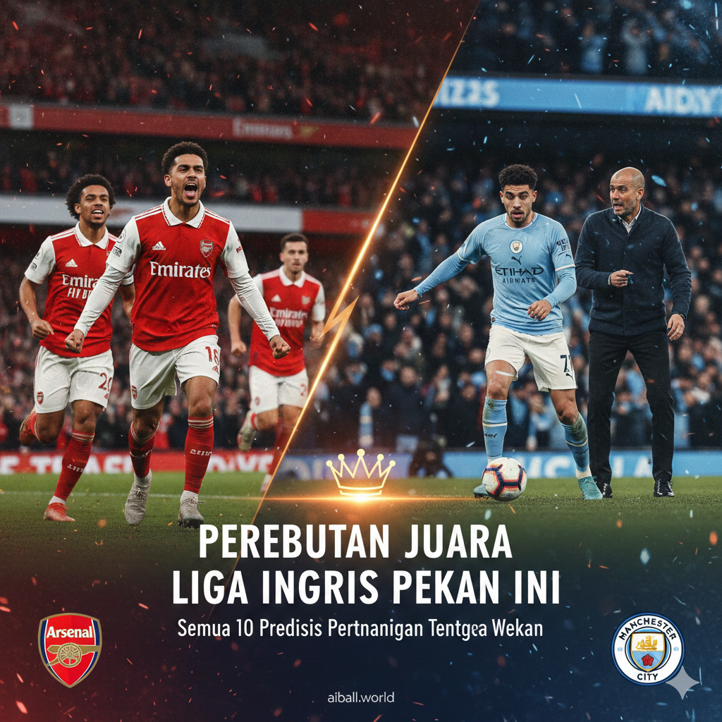 Visualisasi grafis yang membandingkan persaingan sengit antara Arsenal dan Manchester City sebagai fokus utama pekan ini. Gambar menampilkan dua sisi dengan kontras warna merah (Arsenal) dan biru langit (Manchester City). Di sisi Arsenal, terdapat ilustrasi pemain yang merayakan gol di Emirates Stadium, sementara di sisi City, menampilkan intensitas serangan tim Pep Guardiola. Gaya ilustrasinya adalah 'sports-action photography' yang dipadukan dengan elemen infografis modern, tekstur debu, dan partikel cahaya untuk menambah dinamika. Fokus tajam pada ekspresi determinasi para pemain, mencerminkan persaingan klasemen yang sedang memanas.
