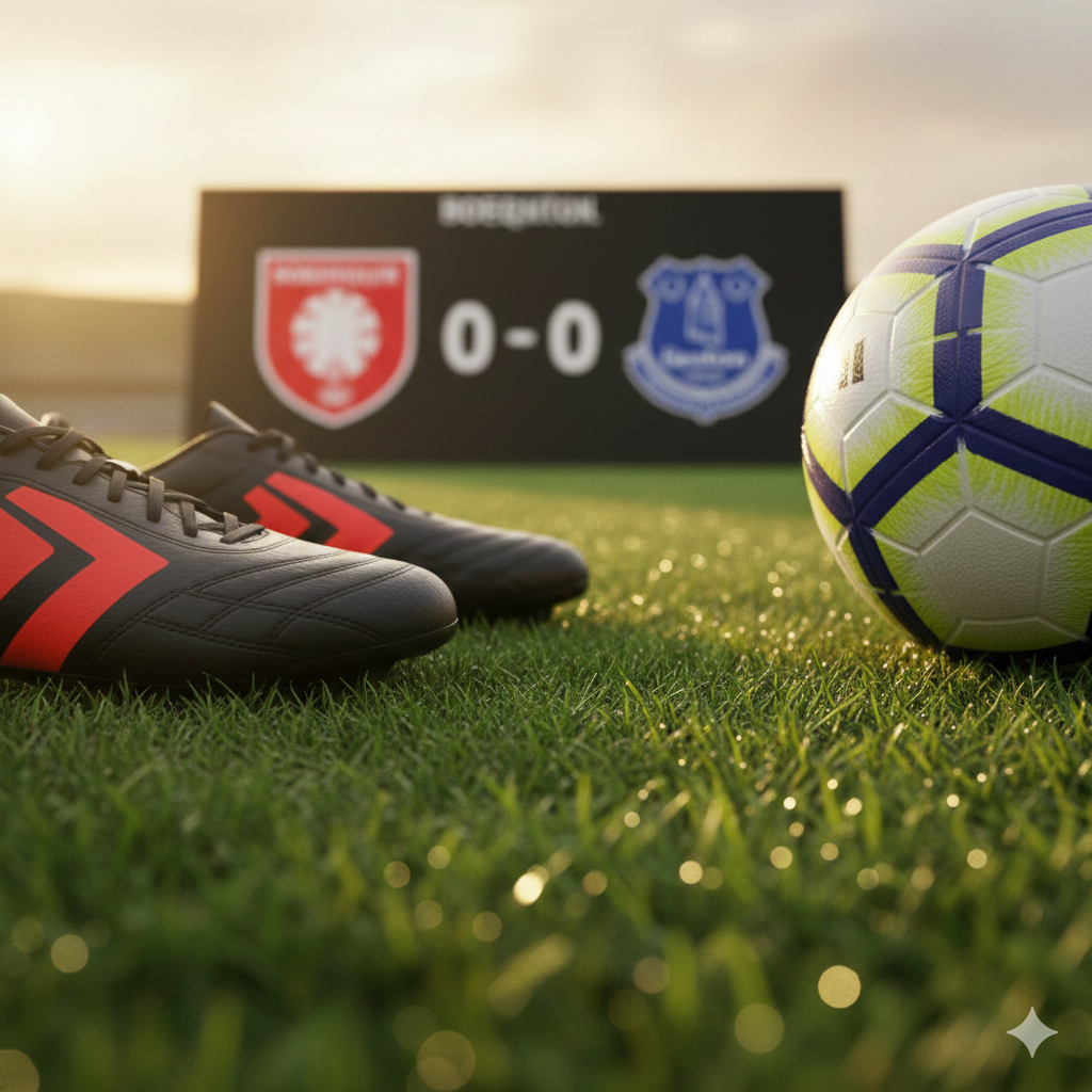 An artistic close-up shot focusing on a pair of football boots and a high-quality match ball on a lush, dew-covered green grass pitch. In the background, out of focus, a tactical scoreboard shows the crests of Bournemouth and Everton. The lighting is warm and golden, simulating the late afternoon sun. The composition uses a low-angle perspective to emphasize the texture of the grass and the details of the sports equipment. The color palette is dominated by natural greens, gold, and the distinct red/black and blue colors of the two clubs, symbolizing the tactical preparation and high stakes of the upcoming match.