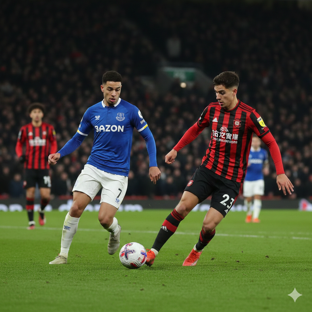 A dynamic wide-angle action shot at Vitality Stadium during a night match under bright floodlights. The focus is on a Bournemouth player in a distinctive red and black striped kit dribbling past an Everton defender in a classic blue jersey. The background shows a blurry, cheering crowd in the stands. The color palette is vibrant with high contrast between the green pitch, the red kits, and the dark night sky. The composition follows the rule of thirds to emphasize the intensity of the Premier League duel.