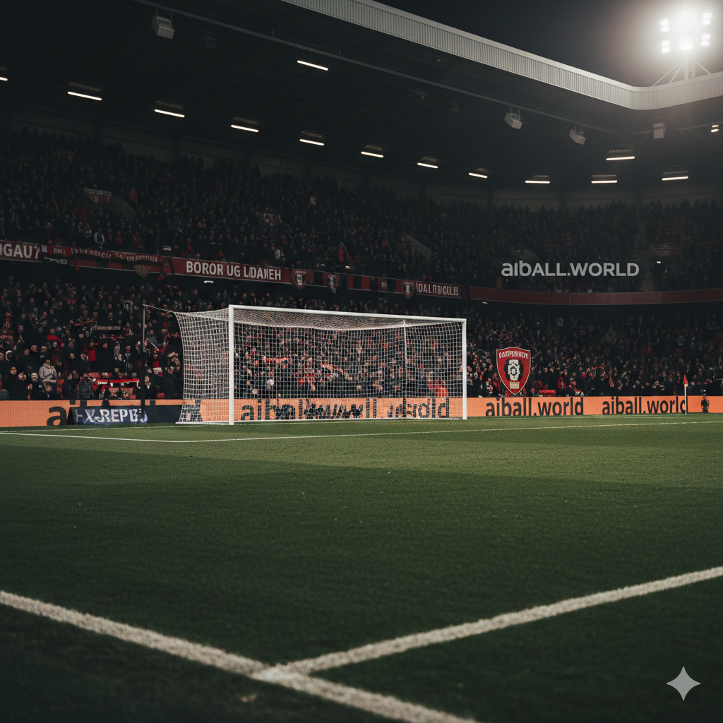 A cinematic view of the Vitality Stadium (Dean Court) interior during a match day. The image captures the lush green grass of the pitch, the Bournemouth club crest prominently displayed on the sidelines or digital boards, and the fans waving red and black scarves. The lighting is warm and dramatic, capturing the evening atmosphere of the South Coast. The style is professional sports photography with a shallow depth of field, focusing on the goalmouth area where the action happens.