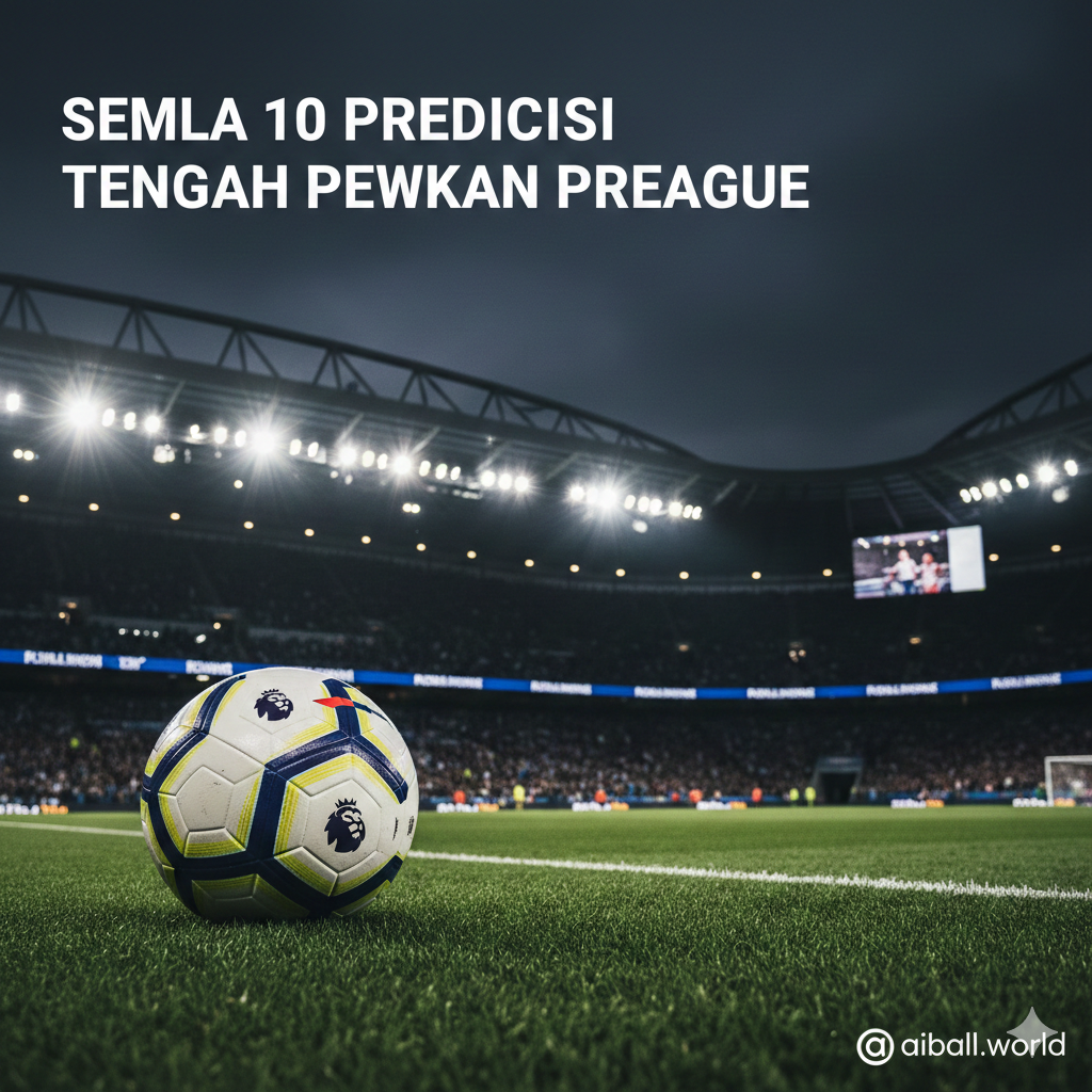 A high-energy cinematic wide shot of a modern Premier League stadium illuminated under bright floodlights at night. In the foreground, a professional soccer ball with the official league design sits on the lush green grass. The background shows blurred silhouettes of cheering fans and the iconic stadium architecture under a dark, moody night sky. The color palette features vibrant stadium greens, deep blues, and brilliant white light flares, creating an atmosphere of intense competition and midweek excitement. Realistic sports photography style with sharp focus on the ball and a shallow depth of field.