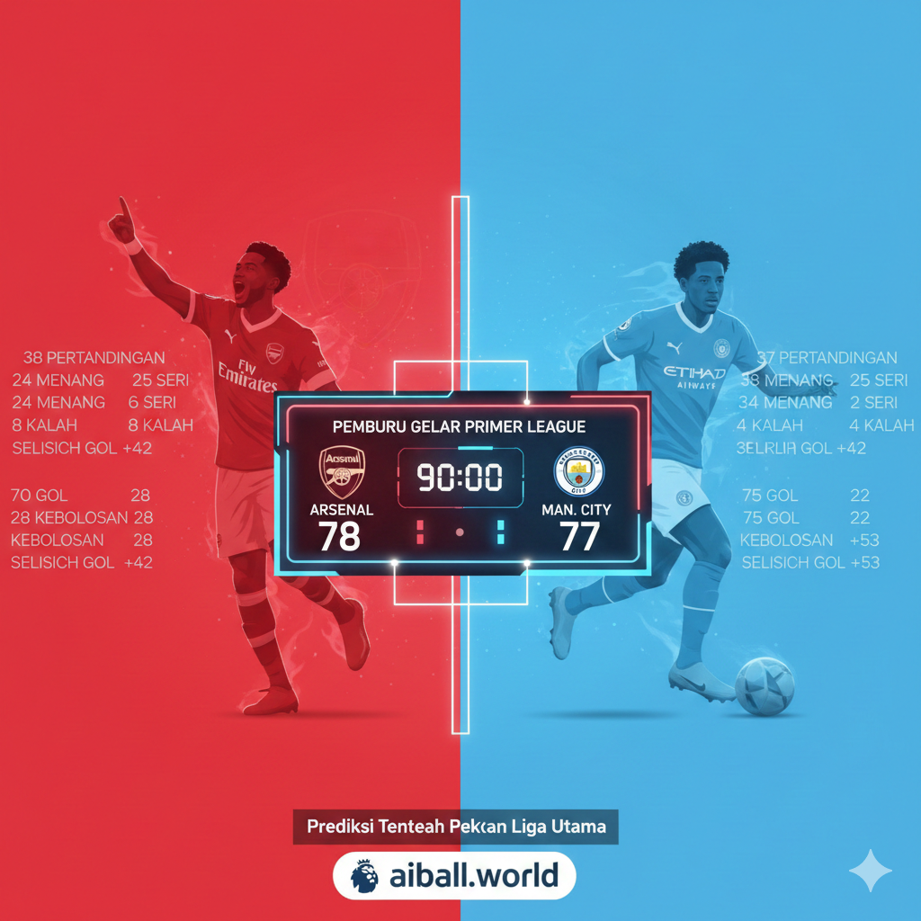 Ilustrasi grafis yang membagi layar secara vertikal menjadi dua sisi yang kontras, mewakili persaingan papan atas antara Arsenal dan Manchester City. Di satu sisi terdapat aksen warna merah khas Arsenal dan di sisi lain biru langit Manchester City. Terdapat elemen grafis seperti papan skor digital yang futuristik dan bayangan pemain yang sedang melakukan selebrasi atau menggiring bola. Gaya desainnya bersih, modern, dan energik dengan tipografi tipis di latar belakang yang menunjukkan angka-angka statistik pertandingan.