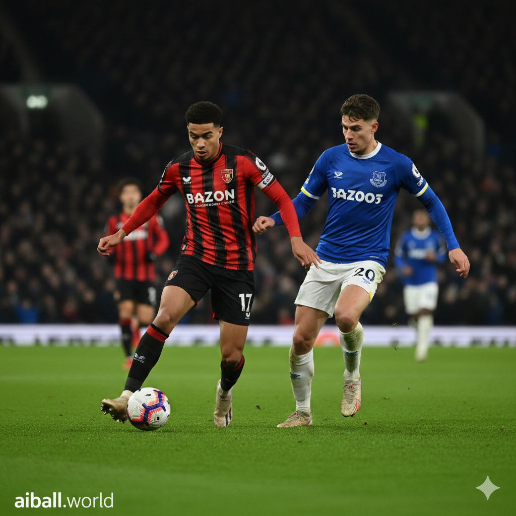 A high-energy cinematic shot of a football match at Vitality Stadium during a night game. The focus is on a Bournemouth player in a red and black striped kit dribbling past an Everton defender in a blue jersey. The background shows blurred stadium lights and a cheering crowd under a dark evening sky. Vibrant colors, sharp focus on the players, and a dynamic composition that captures the intensity of the Premier League. The grass is lush green with visible dew reflecting the floodlights.