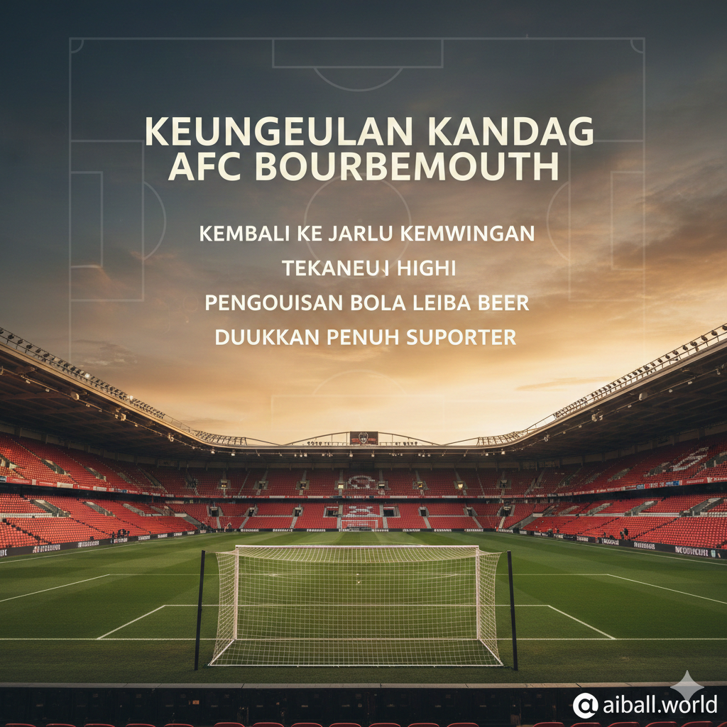 A tactical perspective image showing the atmosphere of Bournemouth's home ground, Vitality Stadium. The composition features a wide-angle view of the pitch with the goalposts in the foreground. Digital overlays of team formations or player statistics could be subtly integrated into the sky area. The lighting is warm and golden, reflecting the 'south coast' sunset vibe. The style is professional sports photography, emphasizing the dominance of the home team as mentioned in the key statistics section of the article.