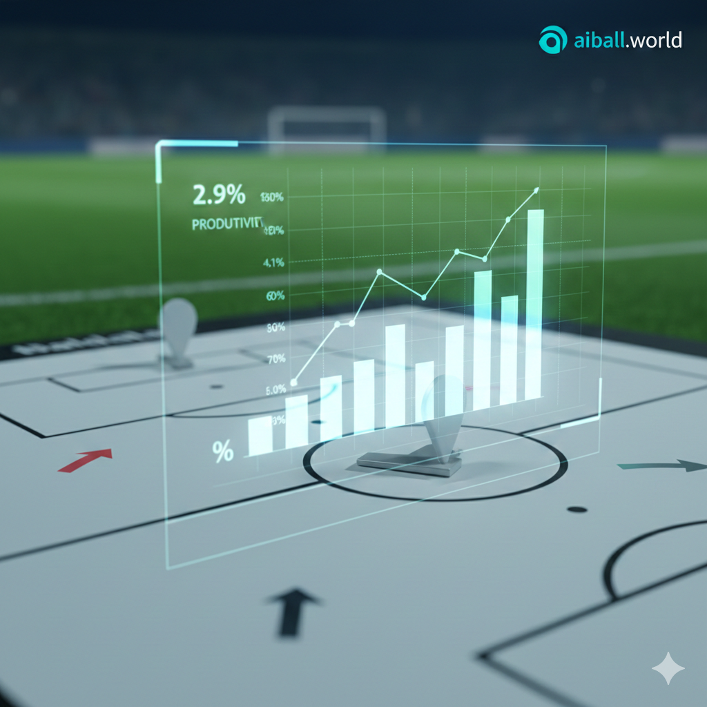 An artistic representation of football tactical analysis and statistics. The image features a close-up of a football tactical board with magnetic markers and arrows indicating movement, overlaid with digital holographic data like bar charts and percentage symbols representing goal productivity. In the background, a soft-focus view of a lush green football pitch at night. The lighting is cool-toned with neon cyan and white accents to represent the modern data-driven approach of aiball.world. Clean, professional, and tech-oriented composition.