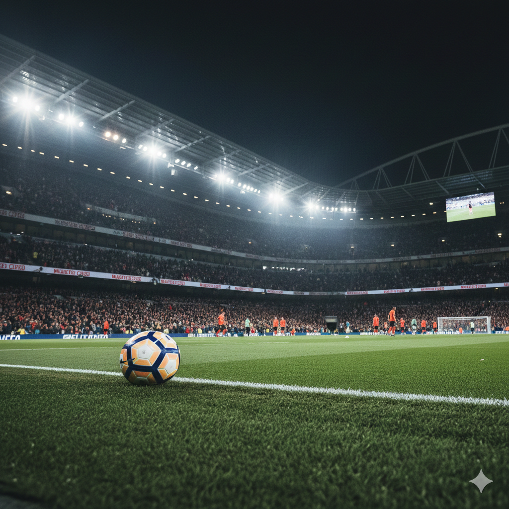 A wide-angle interior view of a modern Premier League stadium like the Emirates or Anfield under bright floodlights during a night match. The composition captures the lush green pitch from a low-angle perspective, emphasizing the scale of the stands filled with fans. A professional football sits in the foreground on the grass, with blurred players warming up in the distance. The lighting is crisp and cool, with lens flares from the overhead lights and a misty, electric game-day atmosphere that complements the tactical nature of the prediction article.