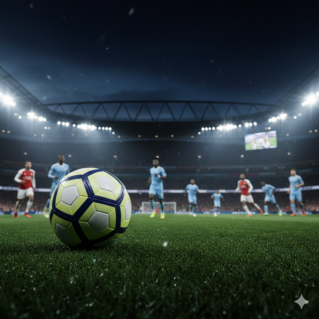 Sebuah pemandangan sinematik stadion Premier League yang megah di malam hari dengan sorotan lampu stadion yang terang. Di latar depan, terdapat bola sepak modern yang diletakkan di atas rumput hijau yang sempurna dengan tetesan embun. Di latar belakang, terlihat siluet buram pemain dari berbagai klub seperti Arsenal, Man City, dan Liverpool yang sedang bersaing. Warna dominan adalah biru tua malam hari yang kontras dengan cahaya putih neon dan hijau rumput. Komposisinya menggunakan sudut rendah (low angle) untuk memberikan kesan dramatis dan penuh antisipasi menjelang pertandingan pekan tengah musim.