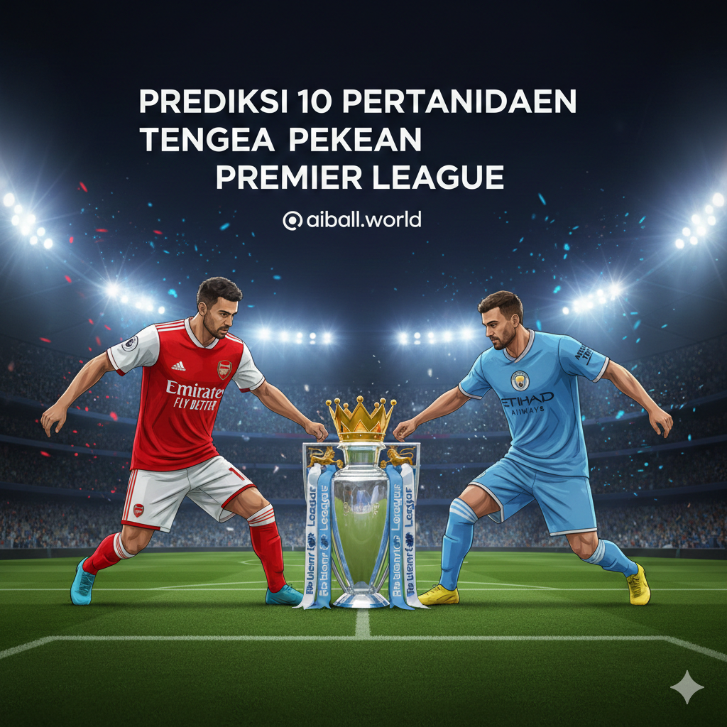 Ilustrasi grafis yang menggambarkan persaingan ketat papan atas Premier League. Gambar menampilkan elemen jersey merah Arsenal dan jersey biru langit Manchester City yang saling berhadapan. Di tengahnya terdapat trofi Premier League yang bersinar keemasan sebagai fokus utama. Latar belakangnya menggunakan efek partikel energi dan lampu stadion yang dinamis untuk menciptakan suasana kompetisi yang intens. Gaya visualnya modern dan tajam dengan saturasi warna yang tinggi, menekankan dominasi kedua klub besar ini dalam prediksi pekan ini. Komposisi simetris untuk menunjukkan keseimbangan kekuatan antara tim besar.
