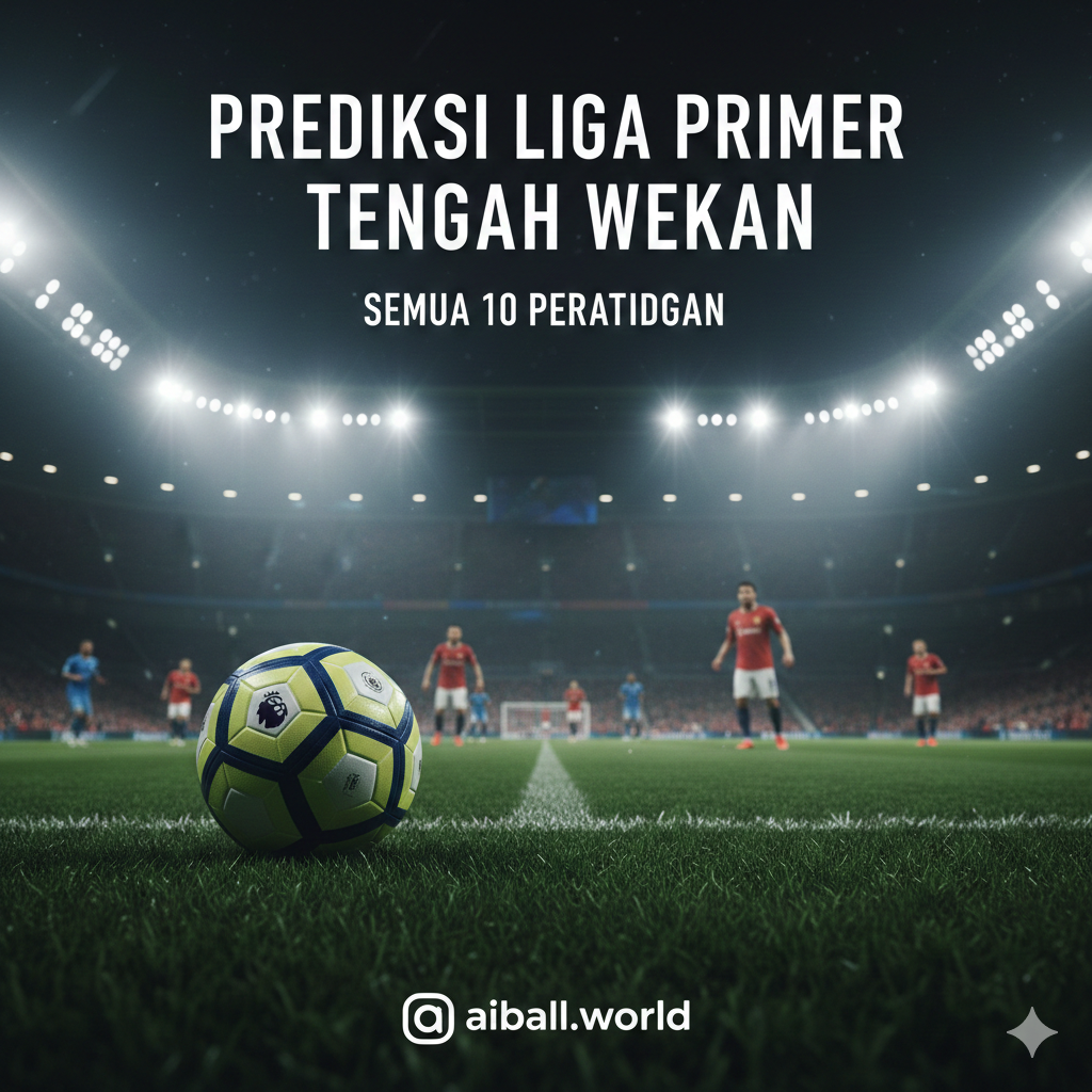 A high-octane cinematic wide shot of a modern English football stadium at night under bright floodlights. In the foreground, a professional football rests on the lush green grass with the Premier League logo visible. In the background, blurry figures of players in red and blue kits are competing. The atmosphere is intense with a slight mist in the air and vibrant stadium lights creating a bokeh effect.