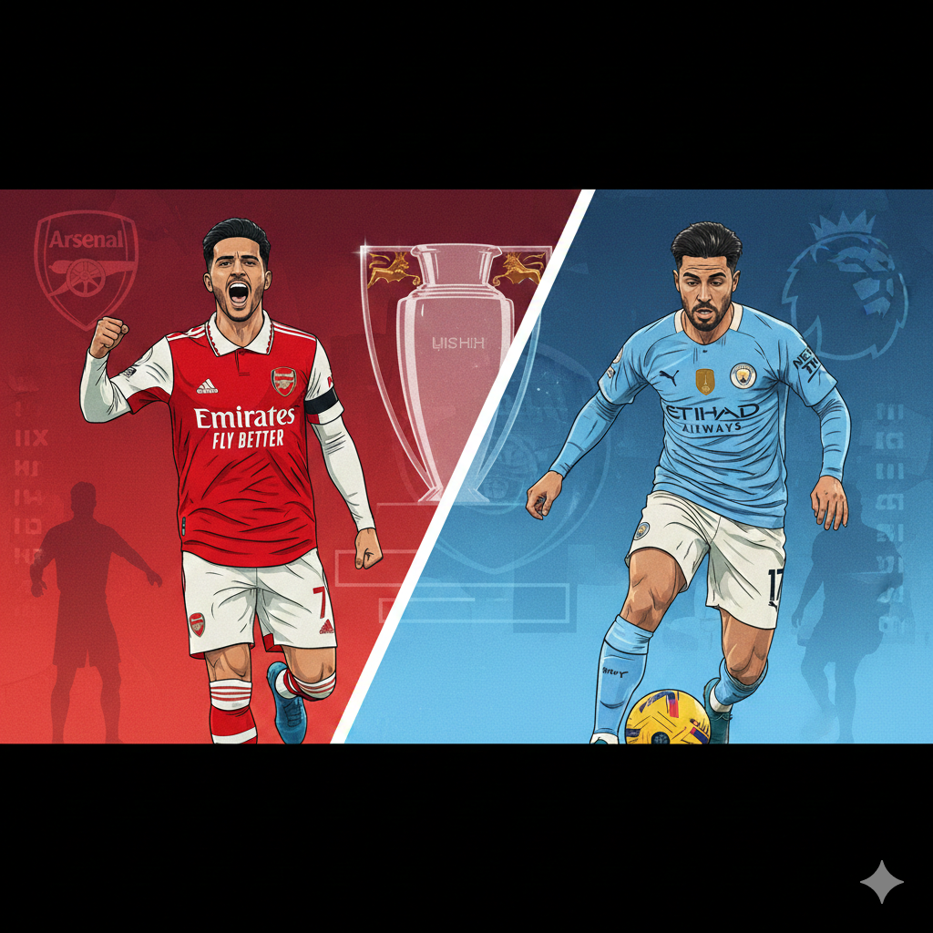 A split-screen style conceptual illustration representing the title race between Arsenal and Manchester City. On one side, a stylized player in an Arsenal red kit celebrates, and on the other, a Manchester City player in sky blue is seen in a focused action pose. The background features a dynamic graphic of a league table and a glowing trophy silhouette.