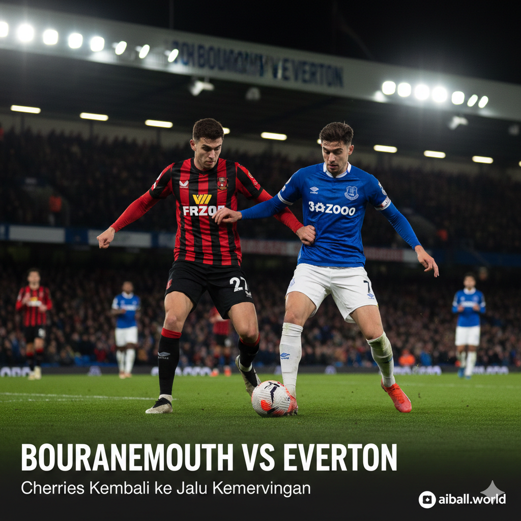 A high-energy cinematic wide shot of Vitality Stadium at night under bright floodlights. In the foreground, two soccer players representing Bournemouth (in red and black striped kits) and Everton (in classic royal blue kits) are shown in a dynamic duel for the ball. The atmosphere is intense with a slight motion blur to convey speed. The color palette features vibrant stadium greens, deep blacks, and brilliant blues, with a professional sports photography style and a shallow depth of field focusing on the players.