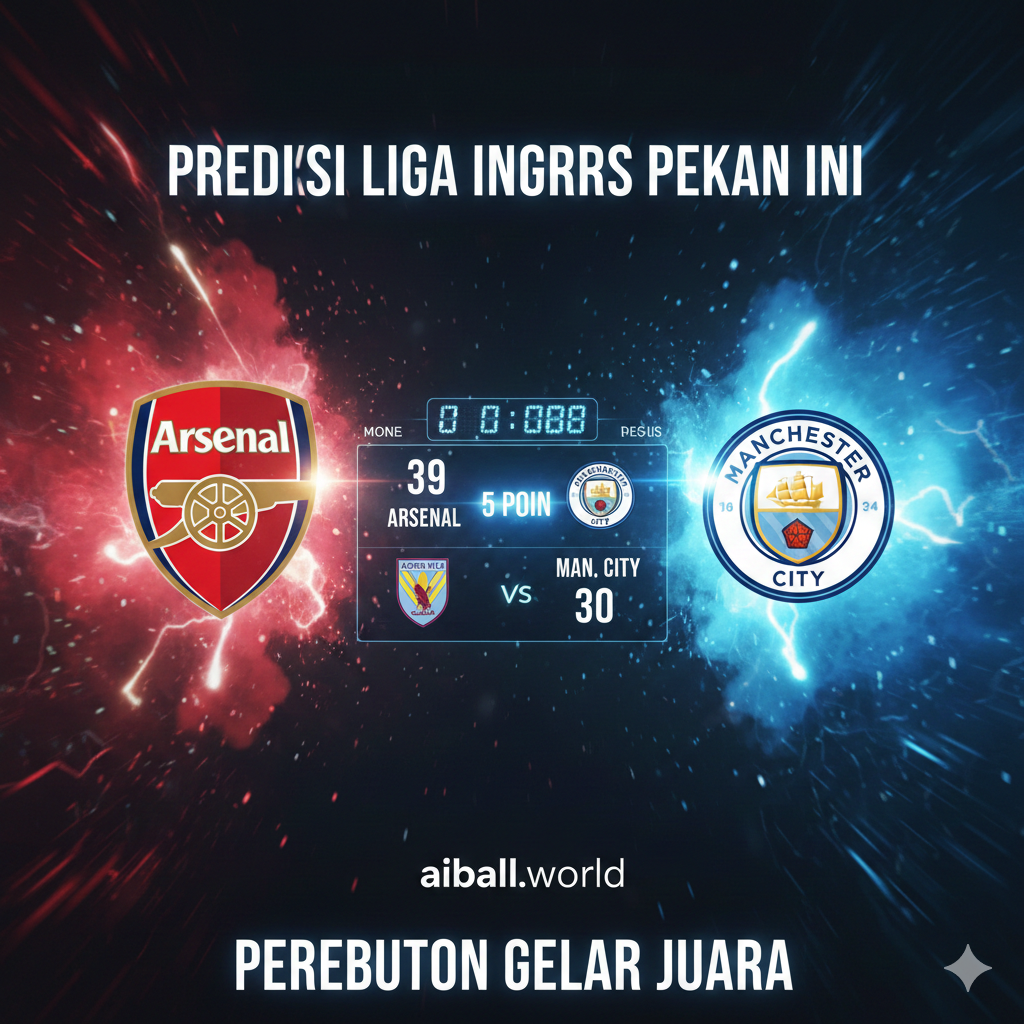 A dynamic split-screen style composition or a collage featuring abstract representations of the top contenders. One side highlights a stylized red and white crest symbolizing Arsenal's lead, while the other side shows a sky blue motion blur representing Manchester City's attacking force. Between them, a glowing scoreboard or a digital league table graphic is visible. The artistic style is hyper-realistic with a focus on motion blur and sharp lighting effects, emphasizing the 5-point gap and the fierce tactical battle between clubs like Arsenal, Man City, and Aston Villa.