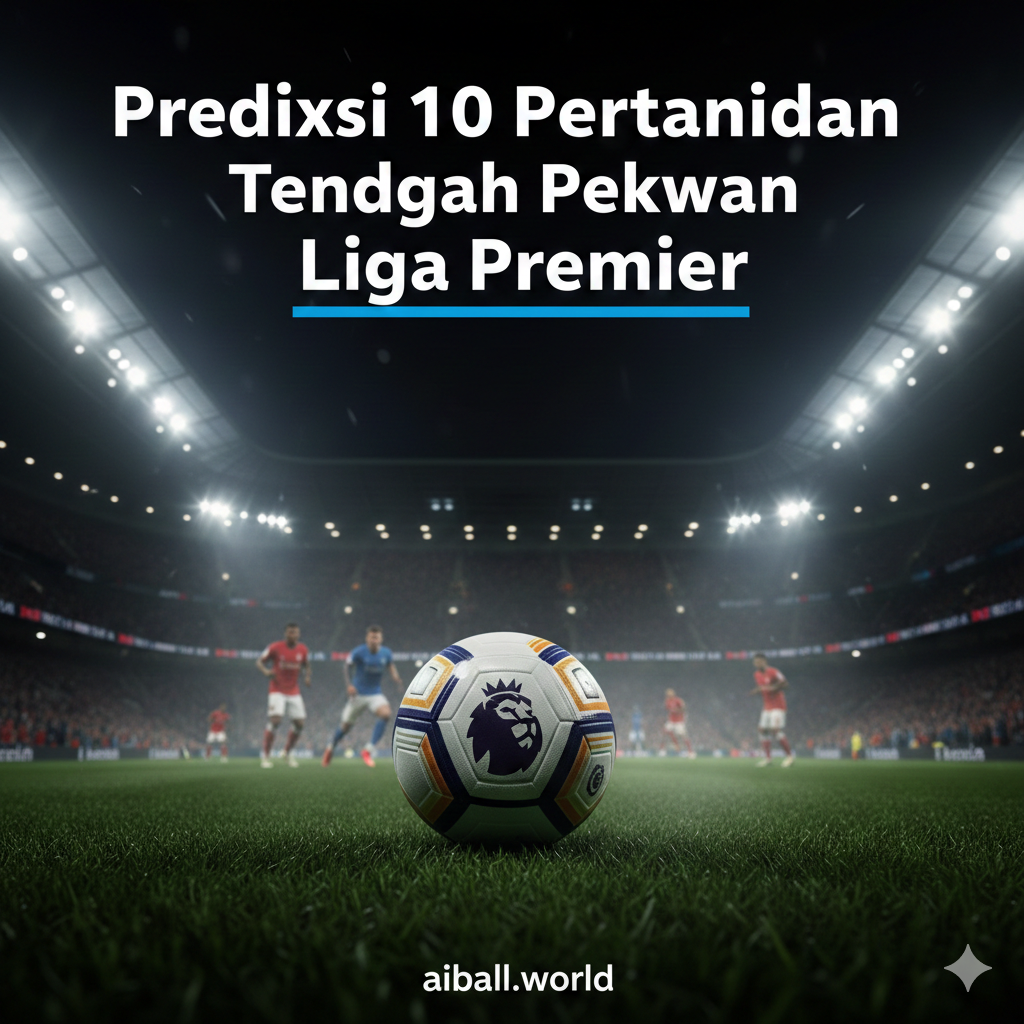 A high-energy cinematic wide shot of a modern English Premier League stadium at night under bright floodlights. In the foreground, a professional football sits on the lush green grass with the Premier League logo visible. In the background, blurred silhouettes of players in red and blue jerseys compete for the ball. The atmosphere is intense with a slight mist and lens flare from the stadium lights. Vivid colors dominated by deep stadium greens, electric blues, and bright whites to capture the excitement of a midweek matchday.