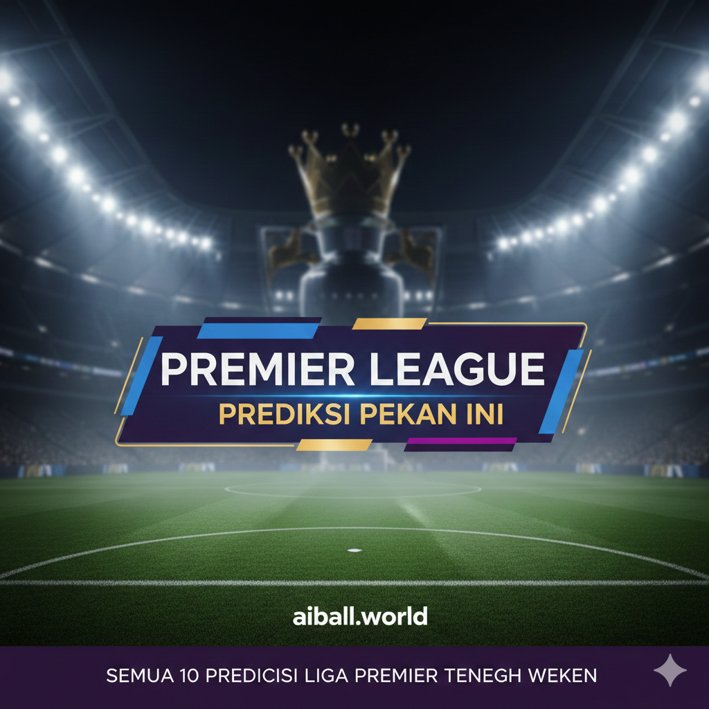 Sebuah gambar latar belakang stadion sepak bola modern yang megah di malam hari dengan lampu sorot yang terang benderang menyinari lapangan hijau. Di tengah gambar, terdapat grafis tipografi futuristik bertuliskan 'PREMIER LEAGUE' dan 'PREDIKSI PEKAN INI'. Gaya visualnya sinematik dan energik, dengan perpaduan warna biru tua, ungu, dan emas untuk memberikan kesan premium. Komposisinya simetris dengan fokus pada trofi Liga Inggris yang tampak samar di latar belakang, menciptakan suasana kompetisi yang sengit dan dinamis.