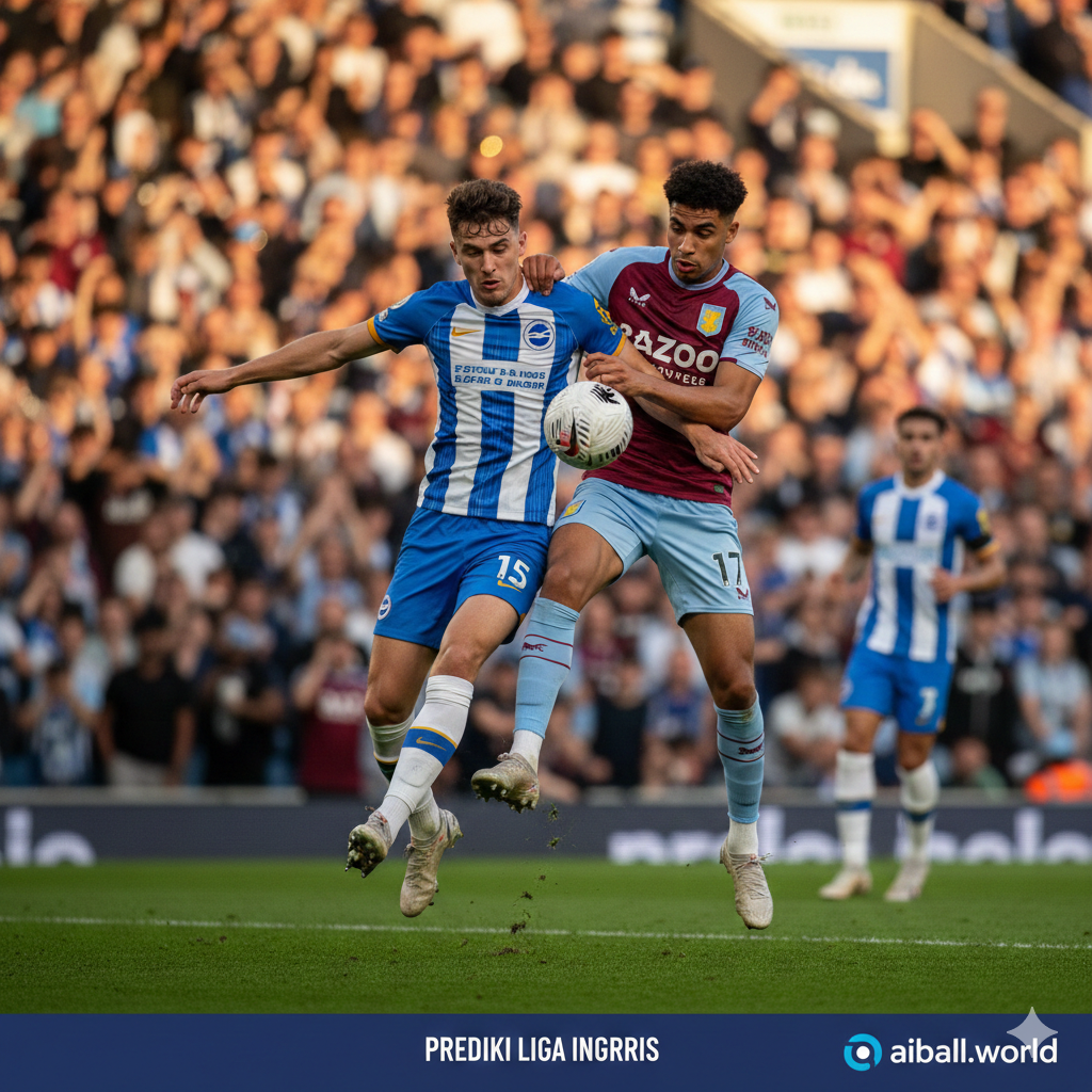 Ilustrasi aksi pertandingan sepak bola yang intens antara dua pemain yang mewakili warna klub Brighton (biru-putih) dan Aston Villa (merah marun-biru muda). Pemain digambarkan sedang memperebutkan bola dengan latar belakang tribun penonton yang penuh sesak namun sedikit blur (bokeh). Pencahayaannya dramatis, menangkap butiran keringat dan rumput yang beterbangan untuk menambah kesan realistis. Palet warna didominasi oleh warna-warna klub yang kontras, dengan komposisi dinamis menggunakan teknik 'rule of thirds' untuk menonjolkan aksi duel tersebut.