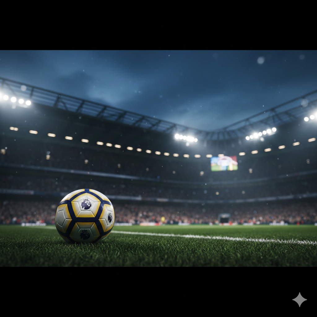 A dynamic wide-angle cinematic shot capturing the high-intensity atmosphere of a Premier League stadium under floodlights at night. In the foreground, a professional football with the Premier League logo sits on the lush green grass, slightly out of focus. In the background, a blurred stadium filled with cheering fans creates a sense of scale and excitement. The lighting is dramatic, with cool blue night sky tones contrasting with the warm, bright stadium lights. Sparkles of light and a slight mist in the air add to the 'breathless race' theme mentioned in the article.