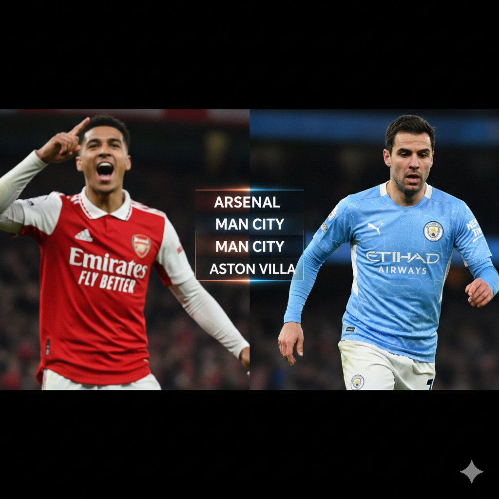 A conceptual split-screen or collage-style image representing the intense title race between major clubs like Arsenal and Manchester City. On one side, a blurred player in a red and white kit celebrates, while on the other, a player in sky blue is seen in action. Between them, a glowing digital leaderboard or scoreboard shows names like Arsenal, Man City, and Aston Villa. The style is modern sports broadcast graphics, with vibrant colors, high contrast, and motion blur effects to convey the speed and urgency of the midweek fixtures.
