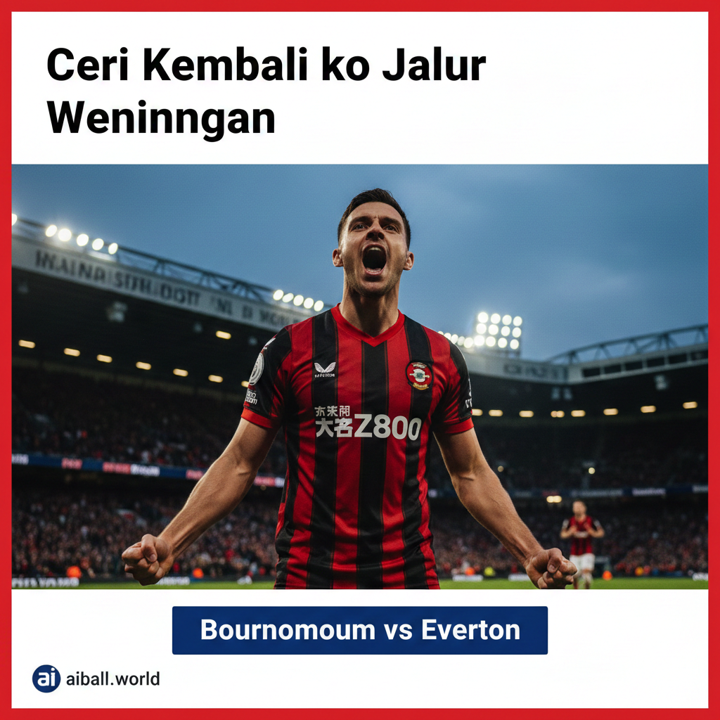 A high-energy cinematic shot capturing the atmosphere of Vitality Stadium at dusk. The focus is on a professional football player in Bournemouth's iconic red and black striped kit, celebrating or showing intense determination. In the background, the stadium lights are glowing against a deep blue evening sky, with blurred fans in the stands. The style is hyper-realistic sports photography with vibrant colors, sharp focus on the player, and a shallow depth of field to create a professional editorial look.