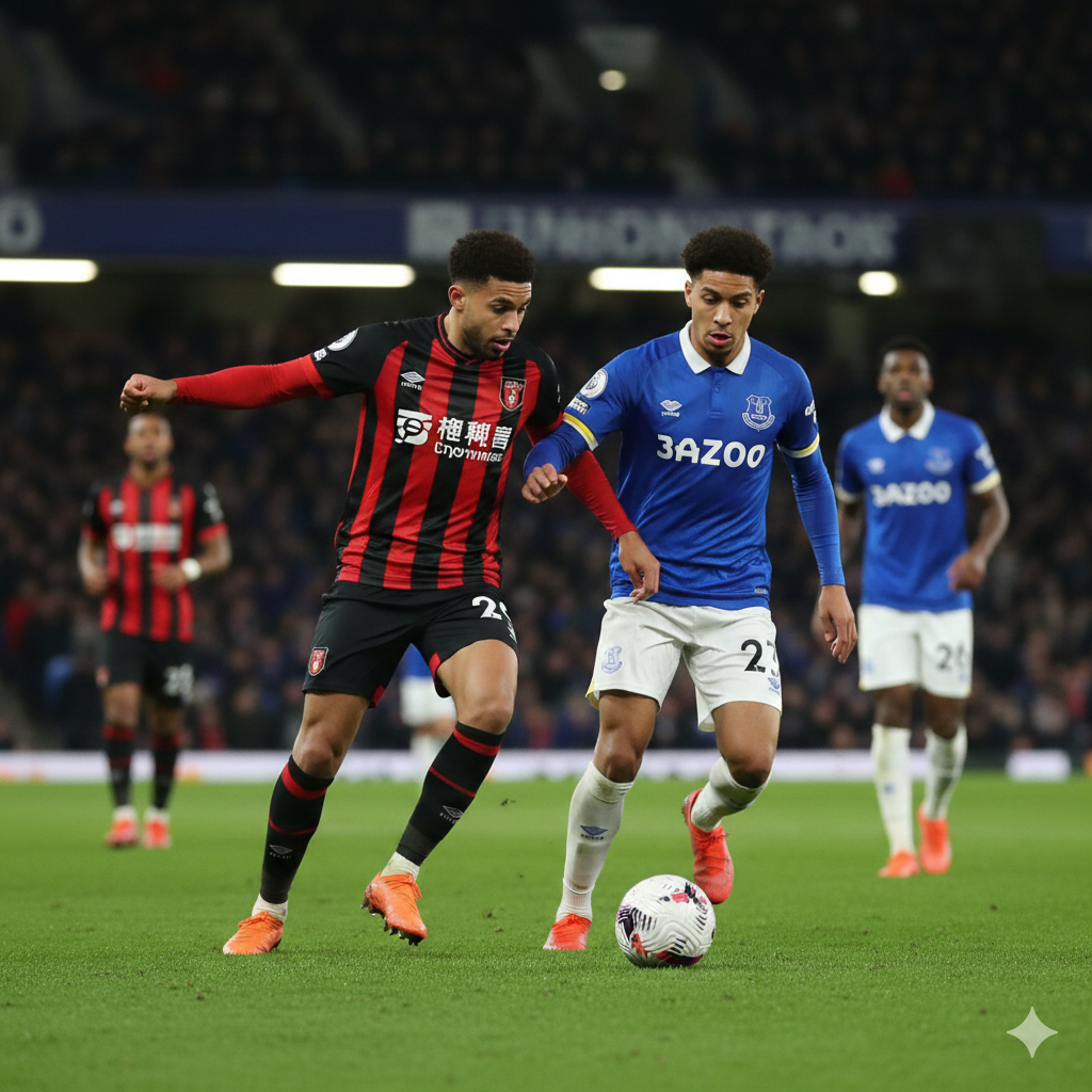 An action-packed mid-game scene featuring a tactical duel between a Bournemouth attacker and an Everton defender in a blue kit. The composition is a wide-angle side view showing the lush green grass of the pitch under bright stadium floodlights. You can see the intensity of the Premier League competition. The color palette emphasizes the contrast between Bournemouth's red/black and Everton's blue. The image has a dynamic feel with motion blur on the ball to convey speed and high stakes.