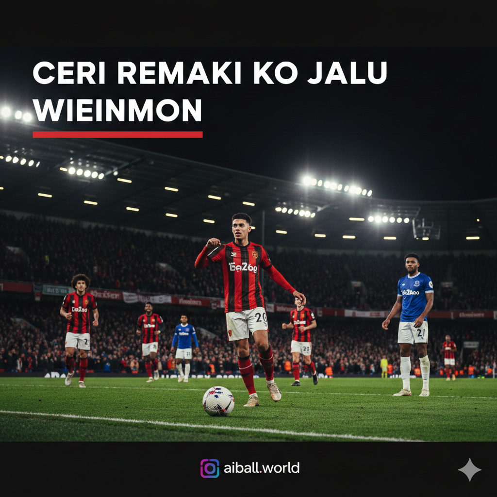 A high-energy cinematic wide shot of a football match between Bournemouth (in red and black striped kits) and Everton (in blue kits) at Vitality Stadium. The scene captures a goal celebration or an intense duel for the ball under bright stadium floodlights at night. The atmosphere is vibrant with a blurred crowd in the background. Professional sports photography style, sharp focus, vibrant colors, using a low-angle perspective to emphasize the drama and scale of the Premier League encounter.