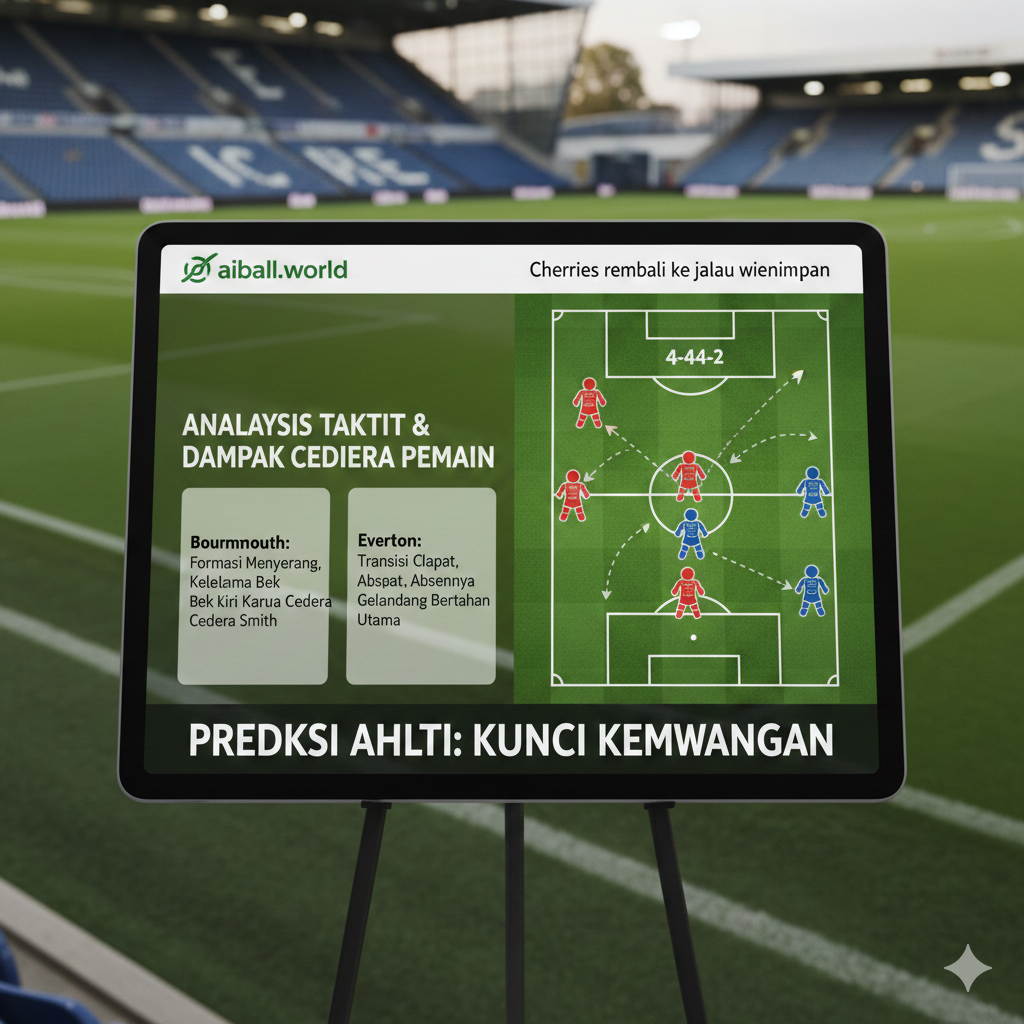 A detailed close-up shot of a tactical whiteboard or a digital tablet showing a football pitch layout with red and blue team icons, representing Bournemouth and Everton's formations. In the background, a slightly out-of-focus view of a lush green football pitch and empty stadium seats. The lighting is natural evening light. The composition is clean and professional, symbolizing sports analysis and match strategy, fitting for the expert prediction section of the article.