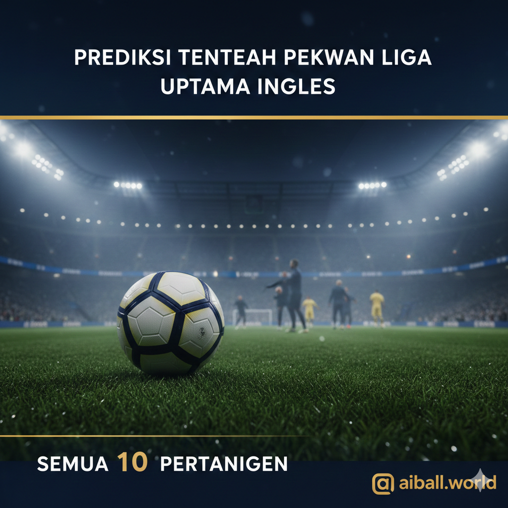 Sebuah gambar sampul sinematik yang menangkap esensi persaingan sengit Liga Inggris. Menampilkan stadion modern yang megah di bawah lampu sorot malam hari dengan kabut tipis yang menambah atmosfer dramatis. Di latar depan, terdapat bola sepak resmi Premier League yang diletakkan di atas rumput hijau yang sempurna dengan tetesan embun. Fokus tajam pada bola, sementara latar belakang menampilkan siluet buram dari pemain yang merayakan gol. Palet warna didominasi oleh biru tua, emas, dan hijau rumput yang kontras, menciptakan kesan premium dan energik sesuai dengan brand aiball.world.