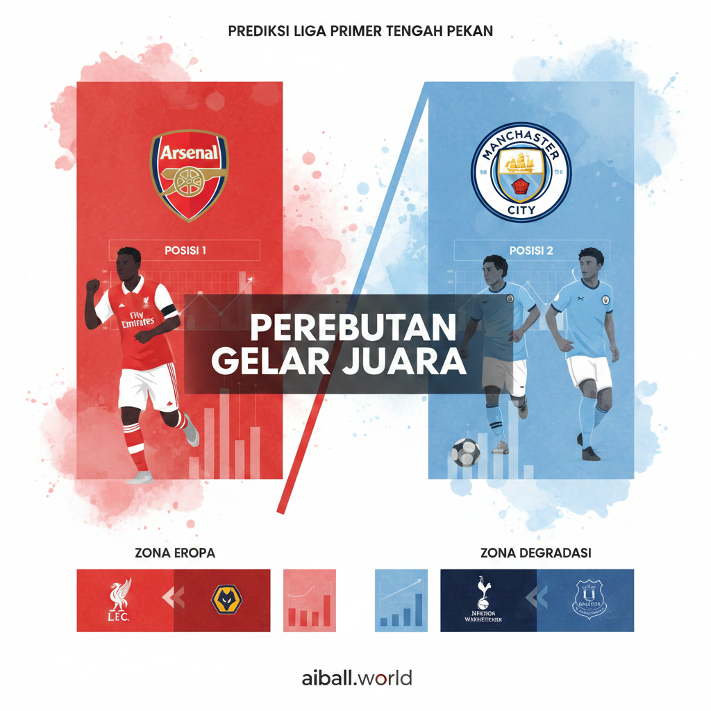 Ilustrasi grafis yang membagi layar menjadi beberapa panel, menampilkan elemen ikonik dari klub-klub besar seperti Arsenal, Manchester City, dan Liverpool. Komposisinya menggunakan gaya desain flat modern dengan sentuhan tekstur cat air. Terlihat siluet pemain bintang yang sedang menggiring bola dengan latar belakang grafis statistik pertandingan yang transparan. Warna-warna cerah seperti merah, biru langit, dan putih digunakan untuk menciptakan kontras visual yang kuat. Tata letak simetris yang menunjukkan duel antara dua sisi klasemen, memberikan representasi visual tentang persaingan ketat di papan atas dan papan bawah Liga Inggris.