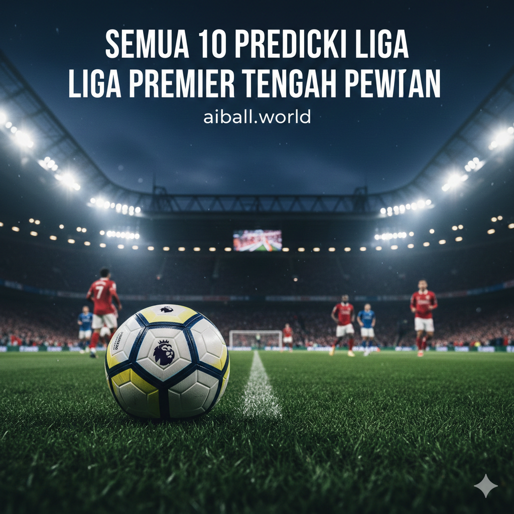 A dynamic and high-energy cinematic wide shot showcasing the atmosphere of a Premier League stadium under floodlights during a midweek night match. In the foreground, a professional football with the iconic Premier League logo sits on the lush green grass. In the blurred background, silhouettes of players in red and blue kits are seen competing, with a crowded stadium and bright lens flares from the stadium lights creating a dramatic effect.